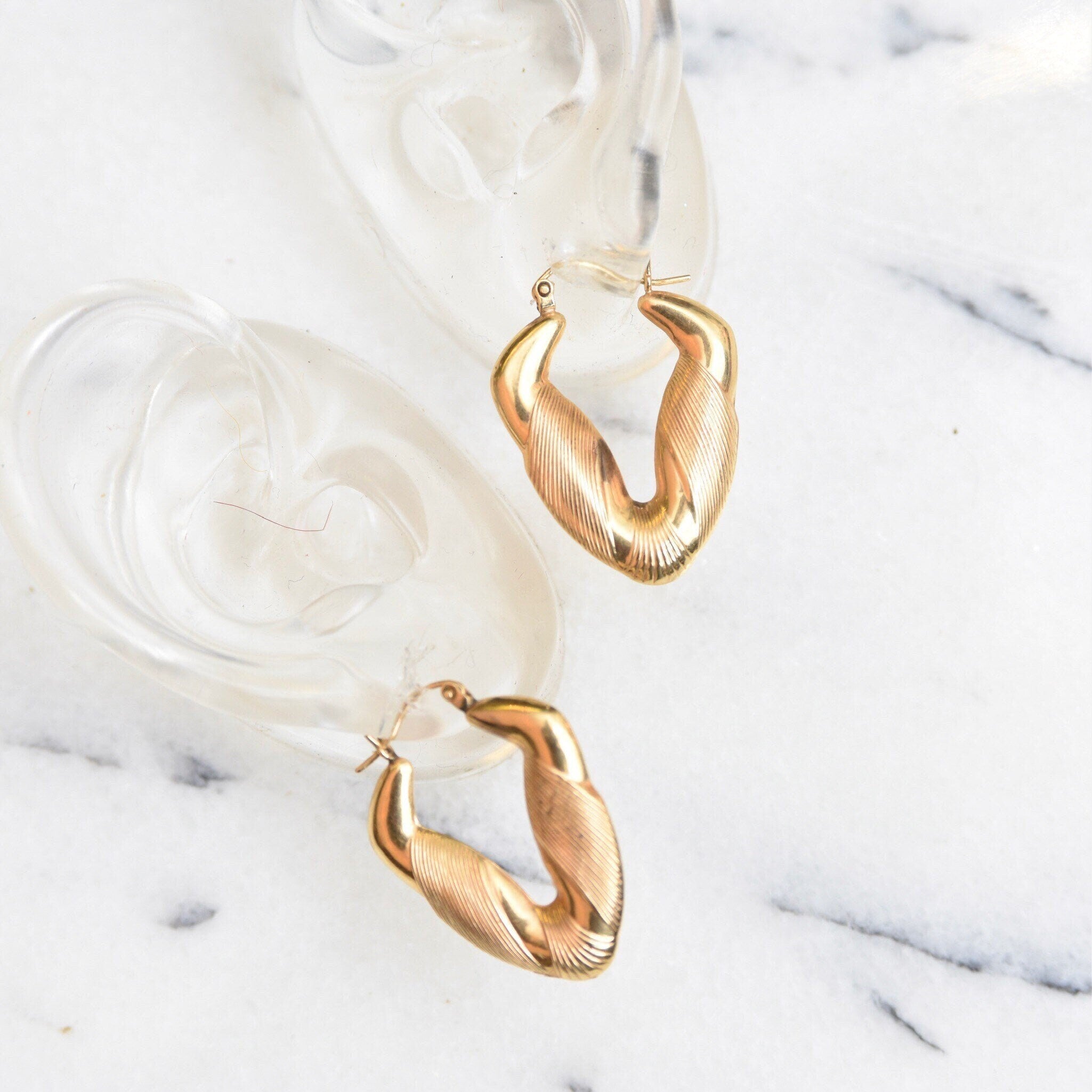14K Puffed V-Hoops, Line Textured Yellow Gold Chevron Earrings, Hinged Ear Wire, S/M Size, 1 3/8" L