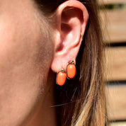 Antique 14K Coral Aquamarine Latch Back Earrings, Kidney Bean Drop Earrings, Natural Orange Coral, Wire Wrapped, 17mm