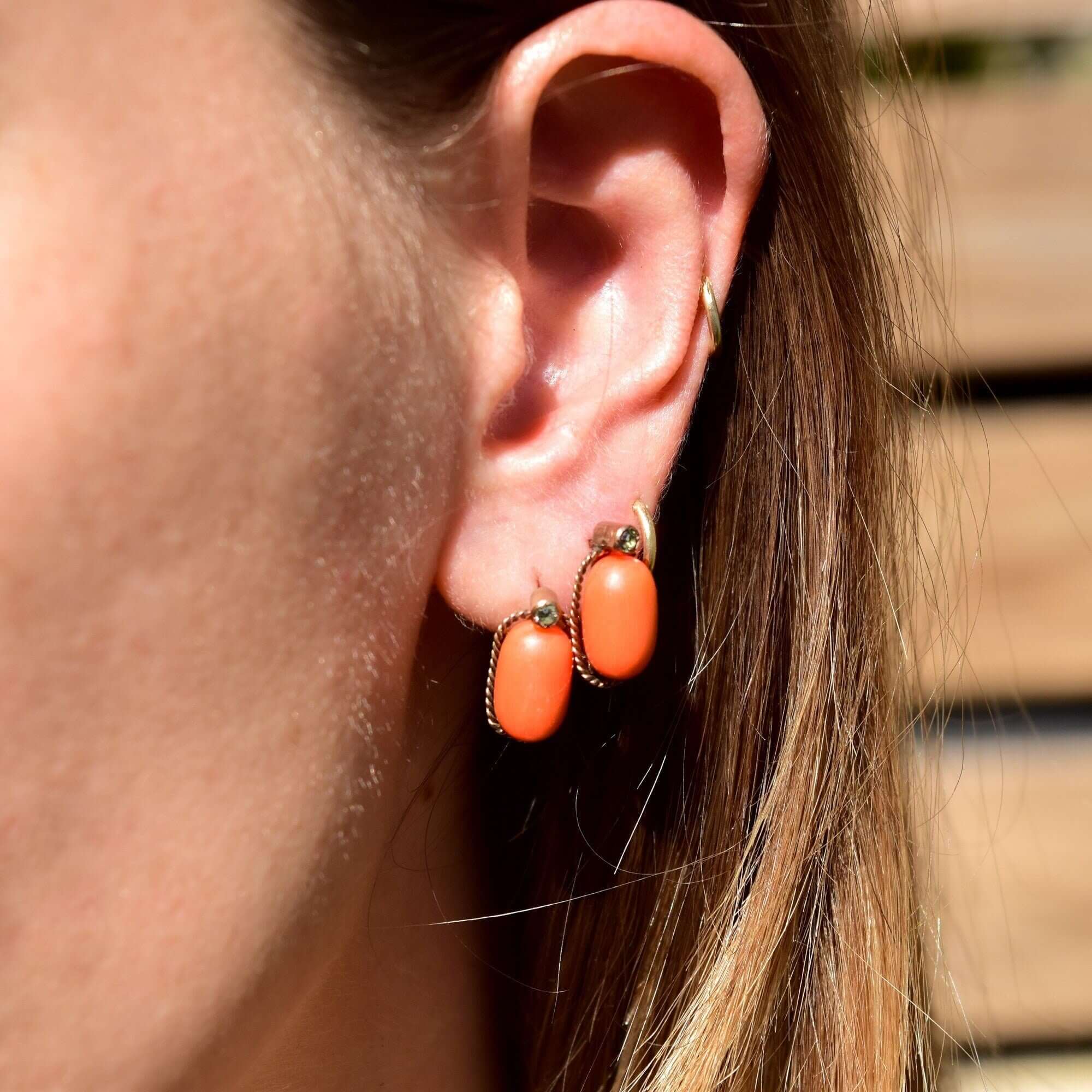 Antique 14K Coral Aquamarine Latch Back Earrings, Kidney Bean Drop Earrings, Natural Orange Coral, Wire Wrapped, 17mm