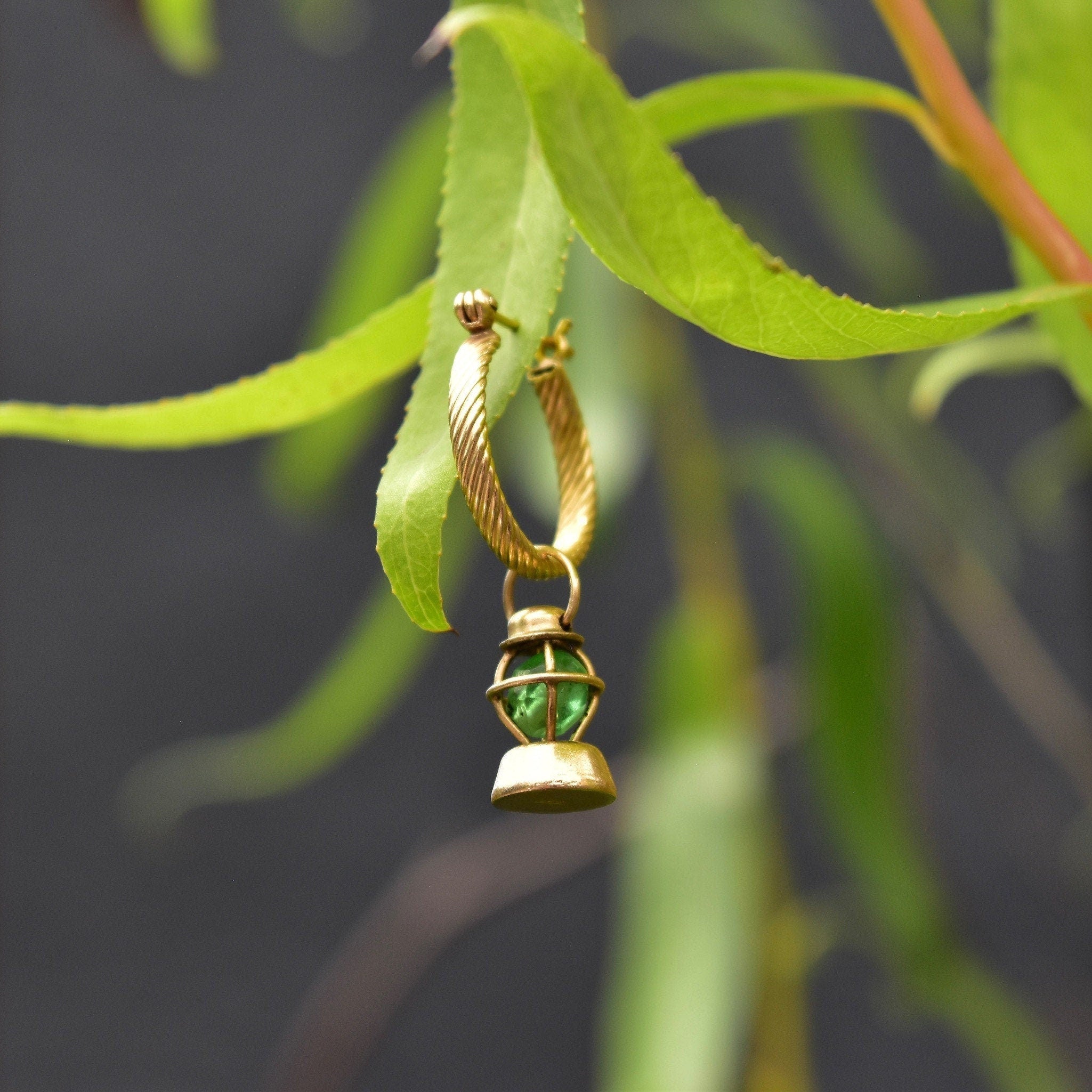 14K Railroad Lantern Charm, 3D Movable Green Lantern Charm, Faceted Glass Bead, Mid-Century, 12mm