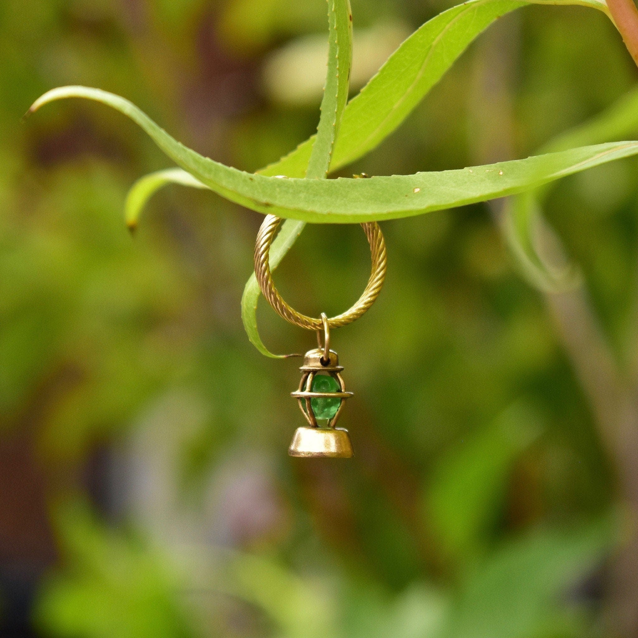 14K Railroad Lantern Charm, 3D Movable Green Lantern Charm, Faceted Glass Bead, Mid-Century, 12mm