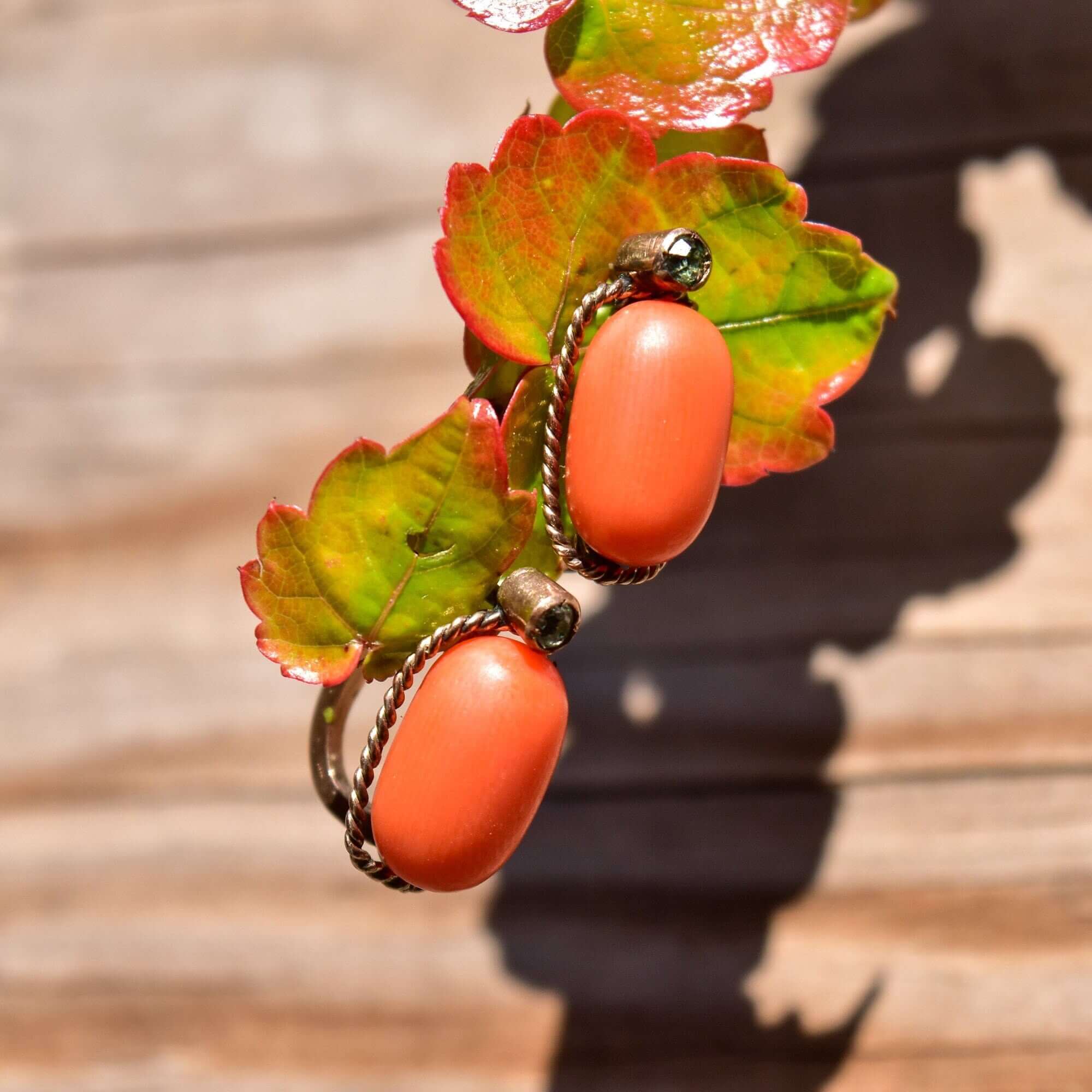 Antique 14K Coral Aquamarine Latch Back Earrings, Kidney Bean Drop Earrings, Natural Orange Coral, Wire Wrapped, 17mm