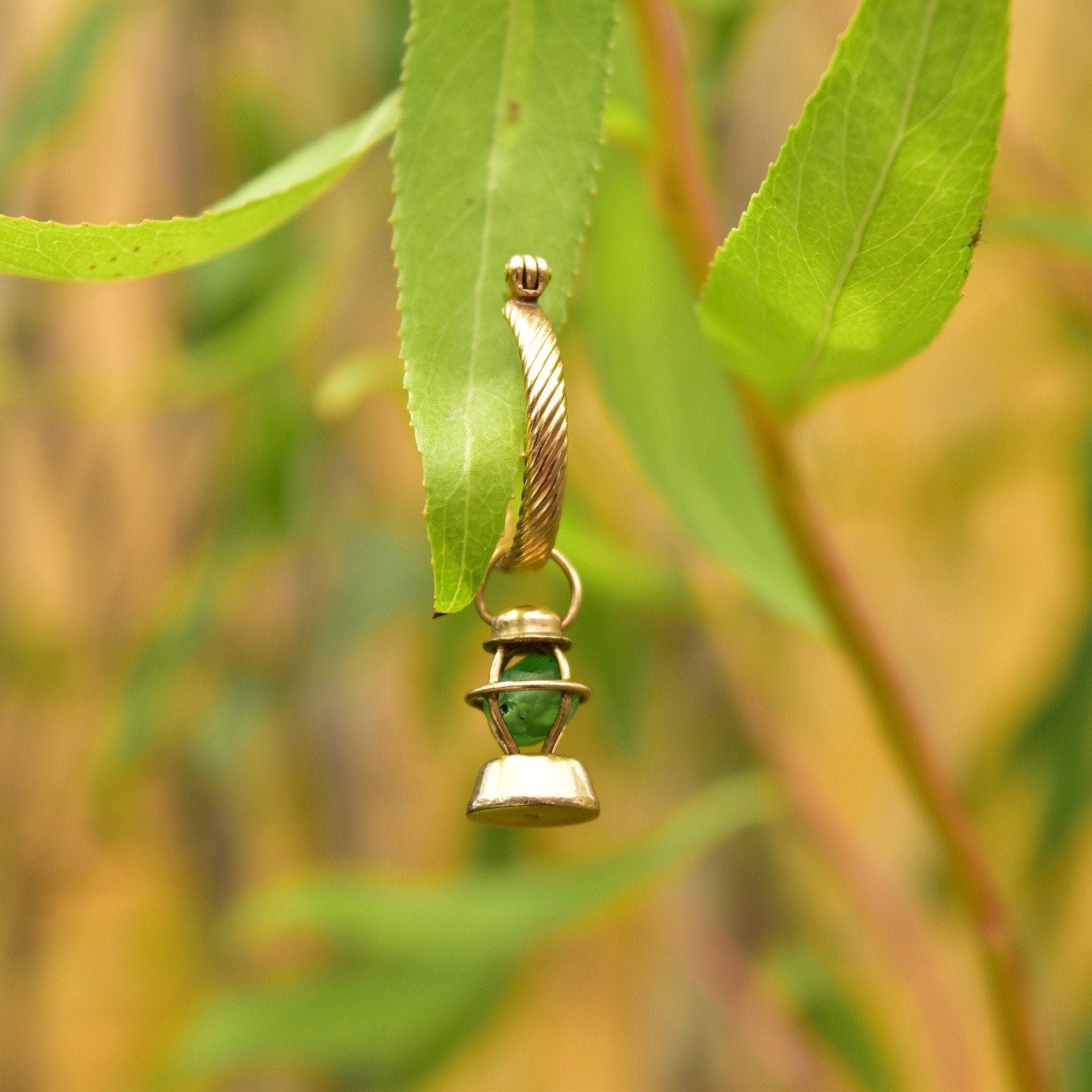 14K Railroad Lantern Charm, 3D Movable Green Lantern Charm, Faceted Glass Bead, Mid-Century, 12mm