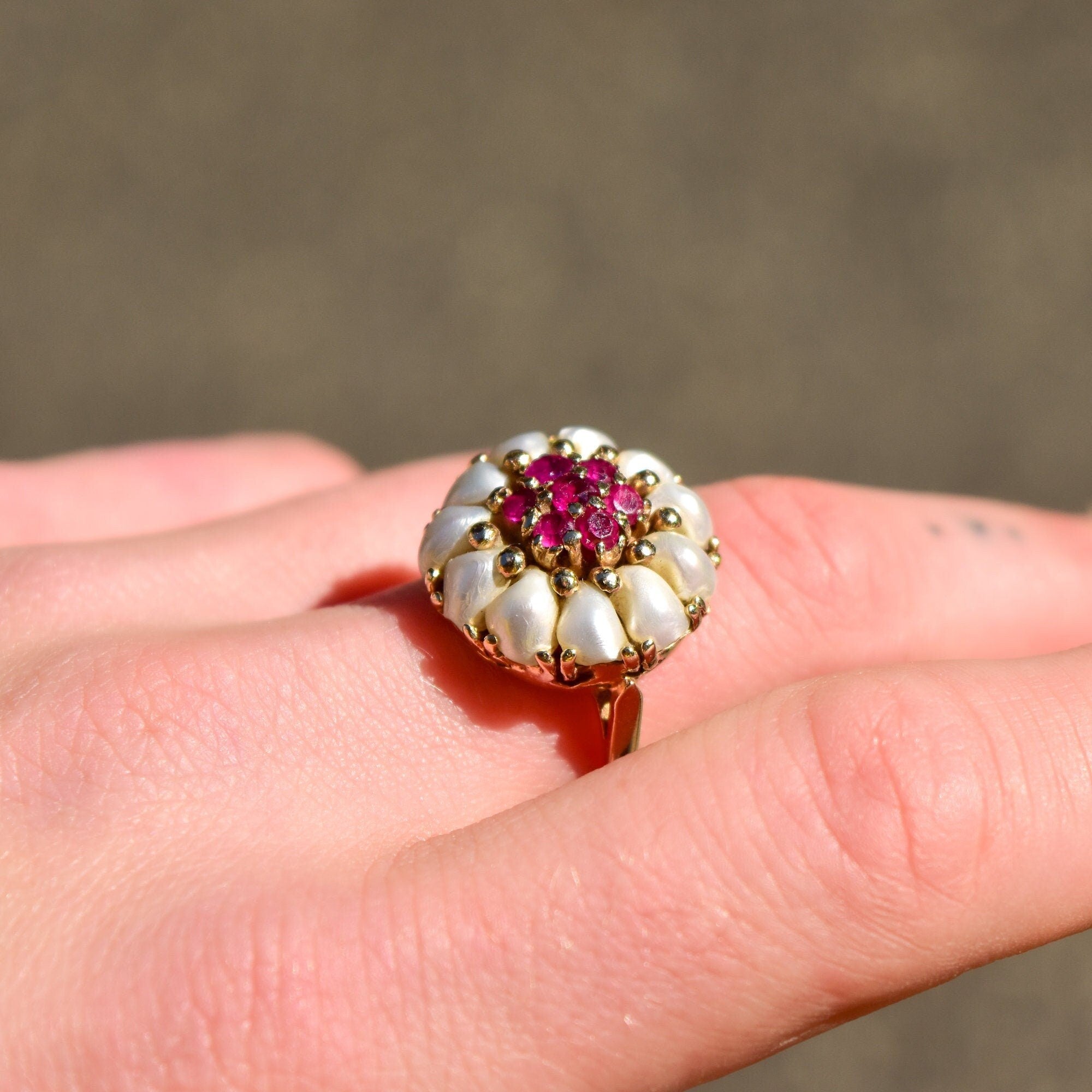 14K Pink Ruby Pearl Cluster Ring In Yellow Gold, Flower Dome Bombe Ring, Estate Jewelry, Size 9 US