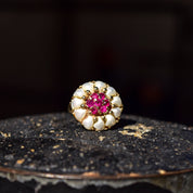 14K Pink Ruby Pearl Cluster Ring In Yellow Gold, Flower Dome Bombe Ring, Estate Jewelry, Size 9 US