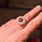 14K Pink Ruby Pearl Cluster Ring In Yellow Gold, Flower Dome Bombe Ring, Estate Jewelry, Size 9 US