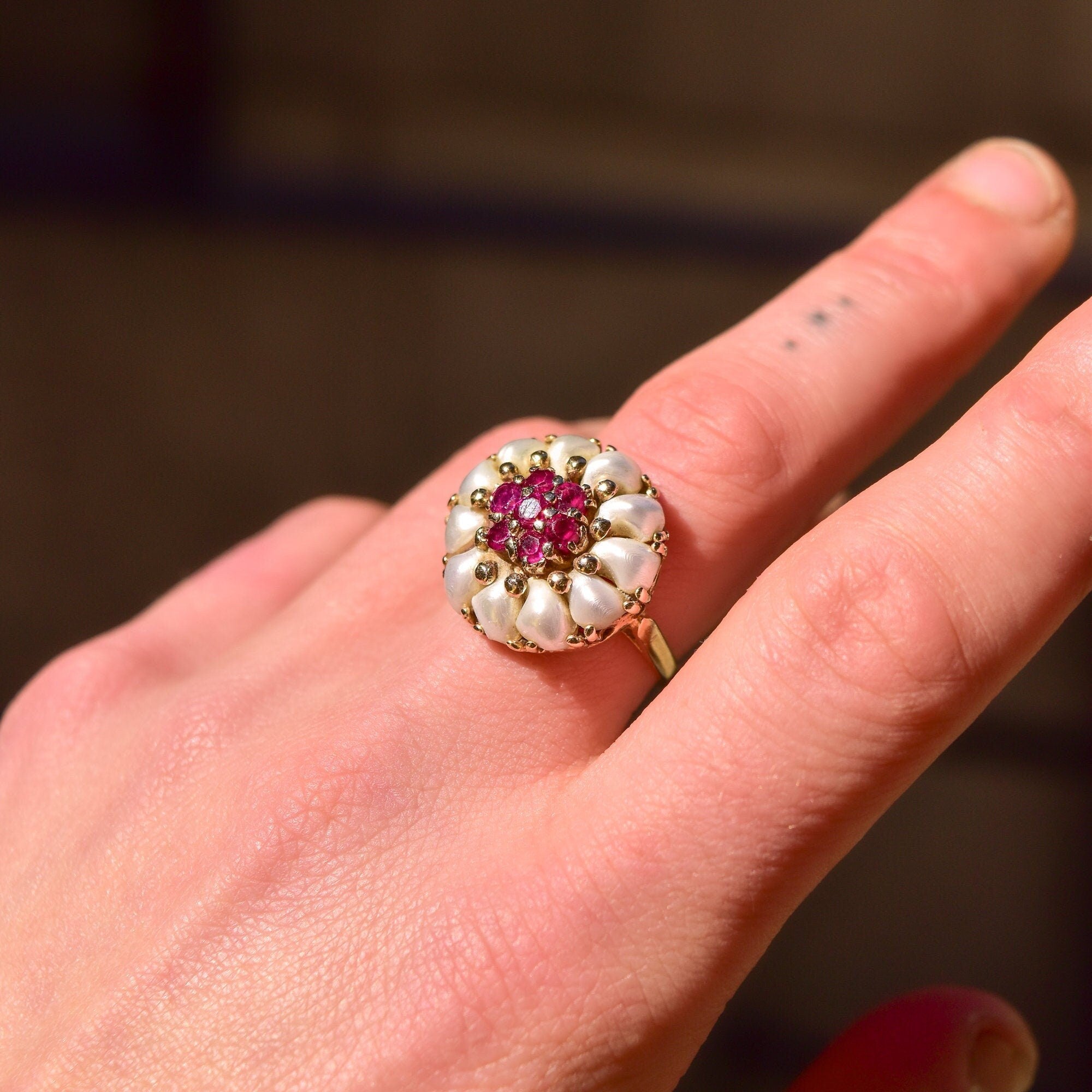 14K Pink Ruby Pearl Cluster Ring In Yellow Gold, Flower Dome Bombe Ring, Estate Jewelry, Size 9 US