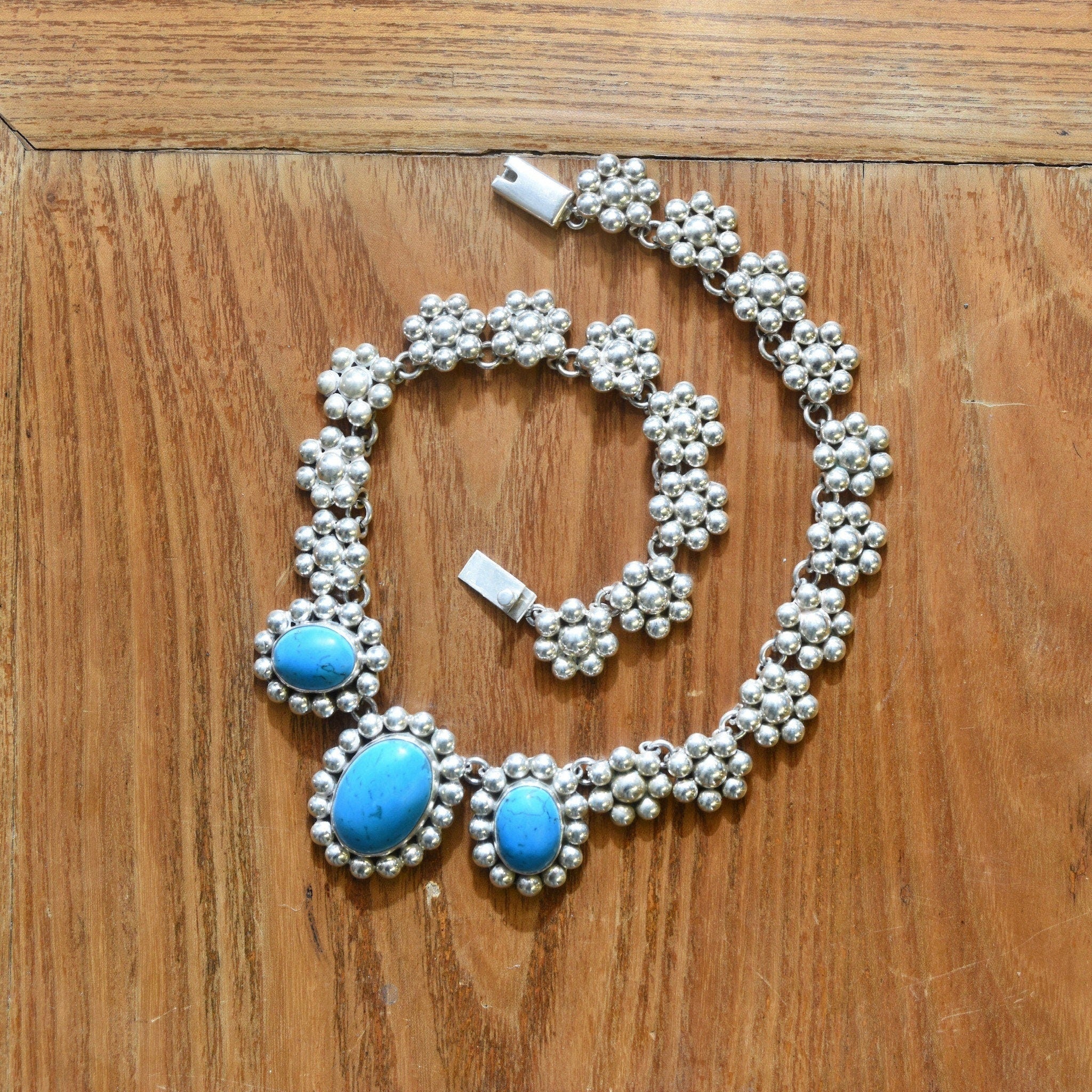 Vintage TAXCO Floral Sterling Silver Turquoise Bib Necklace, 3-Stone Pendant, Dyed Blue Turquoise Cabochons, Solid 925 Silver Links, 16" L
