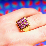 Modernist 14K Amethyst Cluster Ring, Men's Style Square-Top Ring Face, 9 Round-Cut Stones, Size 8 US