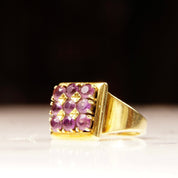 Modernist 14K Amethyst Cluster Ring, Men's Style Square-Top Ring Face, 9 Round-Cut Stones, Size 8 US