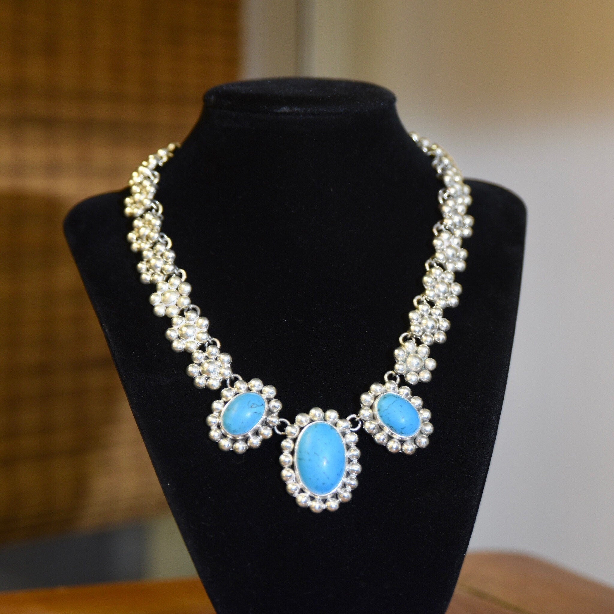Vintage TAXCO Floral Sterling Silver Turquoise Bib Necklace, 3-Stone Pendant, Dyed Blue Turquoise Cabochons, Solid 925 Silver Links, 16" L