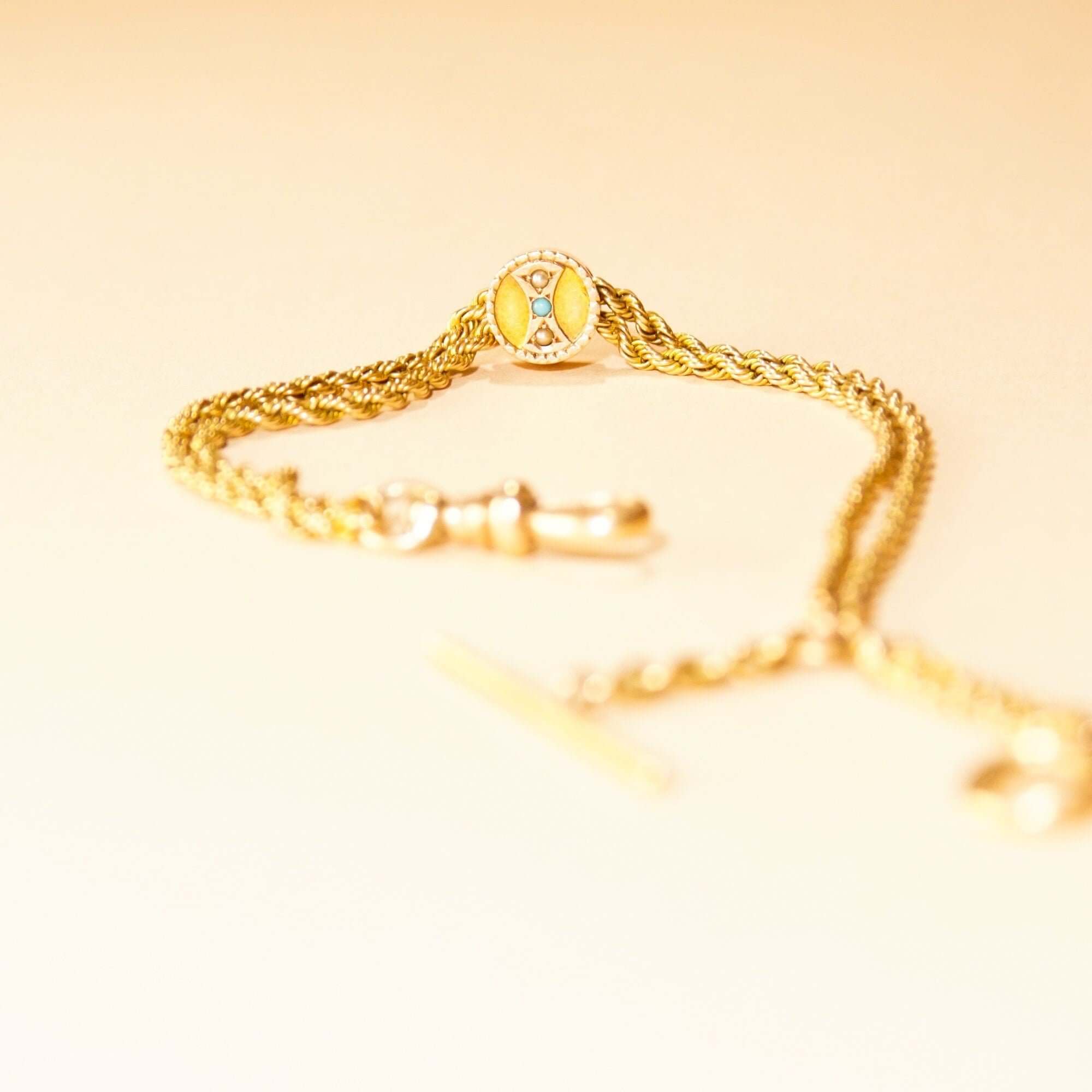 Antique 14K Ladies Pocket Watch Chain W/ Turquoise Seed Pearl Slide & T-Bar, Victorian Watch Chain Jewelry, 9" L - Good's Vintage