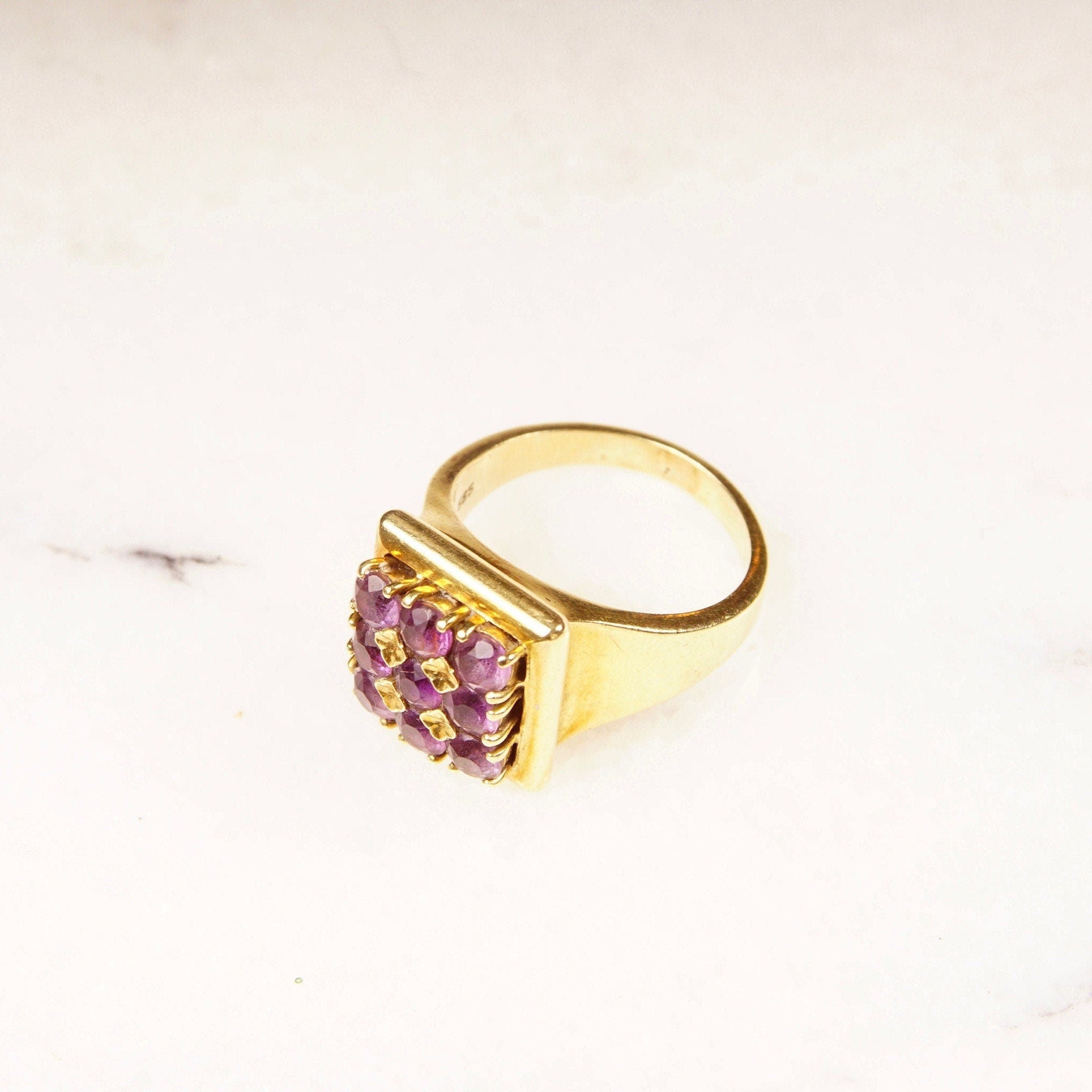 Modernist 14K Amethyst Cluster Ring, Men's Style Square-Top Ring Face, 9 Round-Cut Stones, Size 8 US