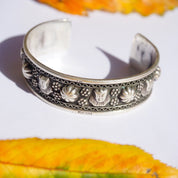 Vintage Egyptian Sterling Silver Bracelet Cuff, Engraved Silver Cuff With Egyptian Sphinx Faces and Flowers, Detailed Silver Bracelet Cuff