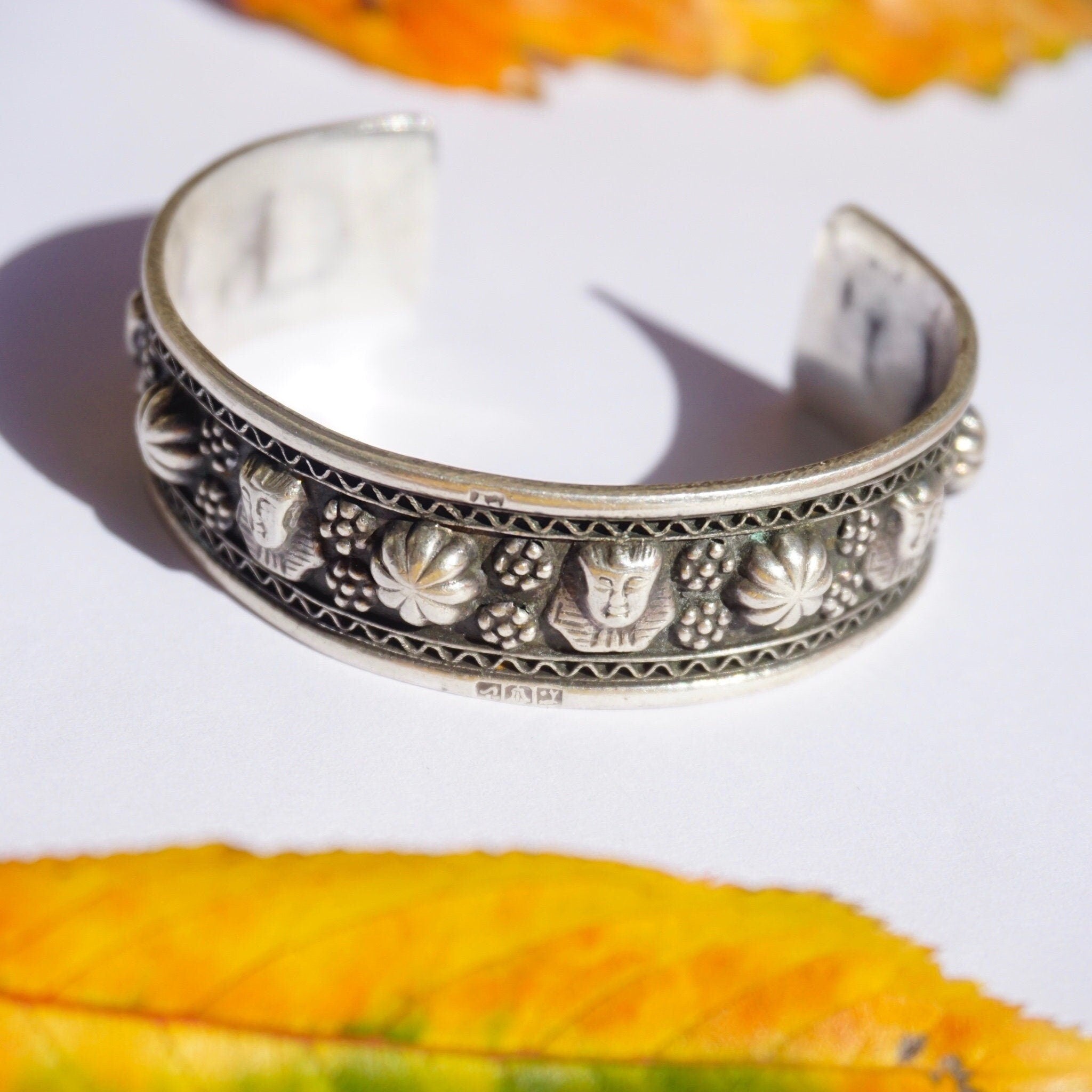 Vintage Egyptian Sterling Silver Bracelet Cuff, Engraved Silver Cuff With Egyptian Sphinx Faces and Flowers, Detailed Silver Bracelet Cuff