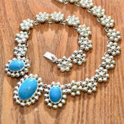 Vintage TAXCO Floral Sterling Silver Turquoise Bib Necklace, 3-Stone Pendant, Dyed Blue Turquoise Cabochons, Solid 925 Silver Links, 16" L