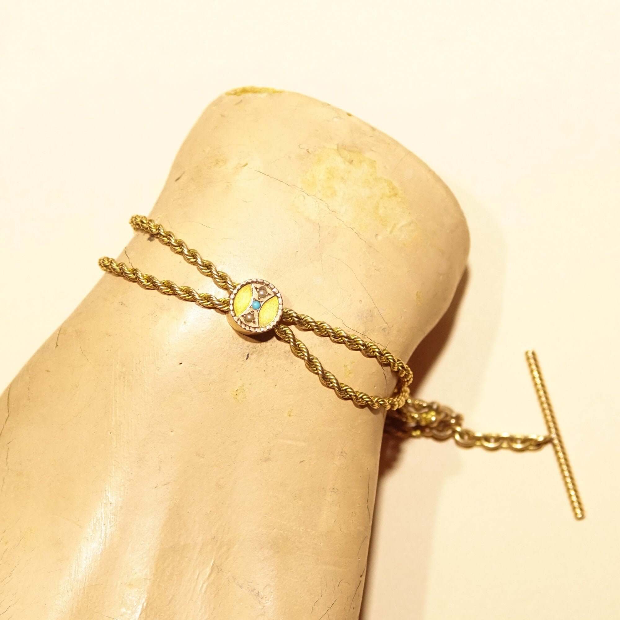Antique 14K Ladies Pocket Watch Chain W/ Turquoise Seed Pearl Slide & T-Bar, Victorian Watch Chain Jewelry, 9" L - Good's Vintage