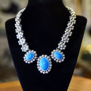 Vintage TAXCO Floral Sterling Silver Turquoise Bib Necklace, 3-Stone Pendant, Dyed Blue Turquoise Cabochons, Solid 925 Silver Links, 16" L
