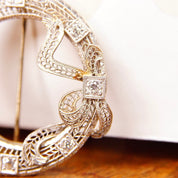 Antique Art Deco 14K White Gold Diamond Filigree Wreath Brooch, .35 TCW, Open Circle Ribbon Bow Pin With 8 OEC Diamonds, 1 1/2" Diameter
