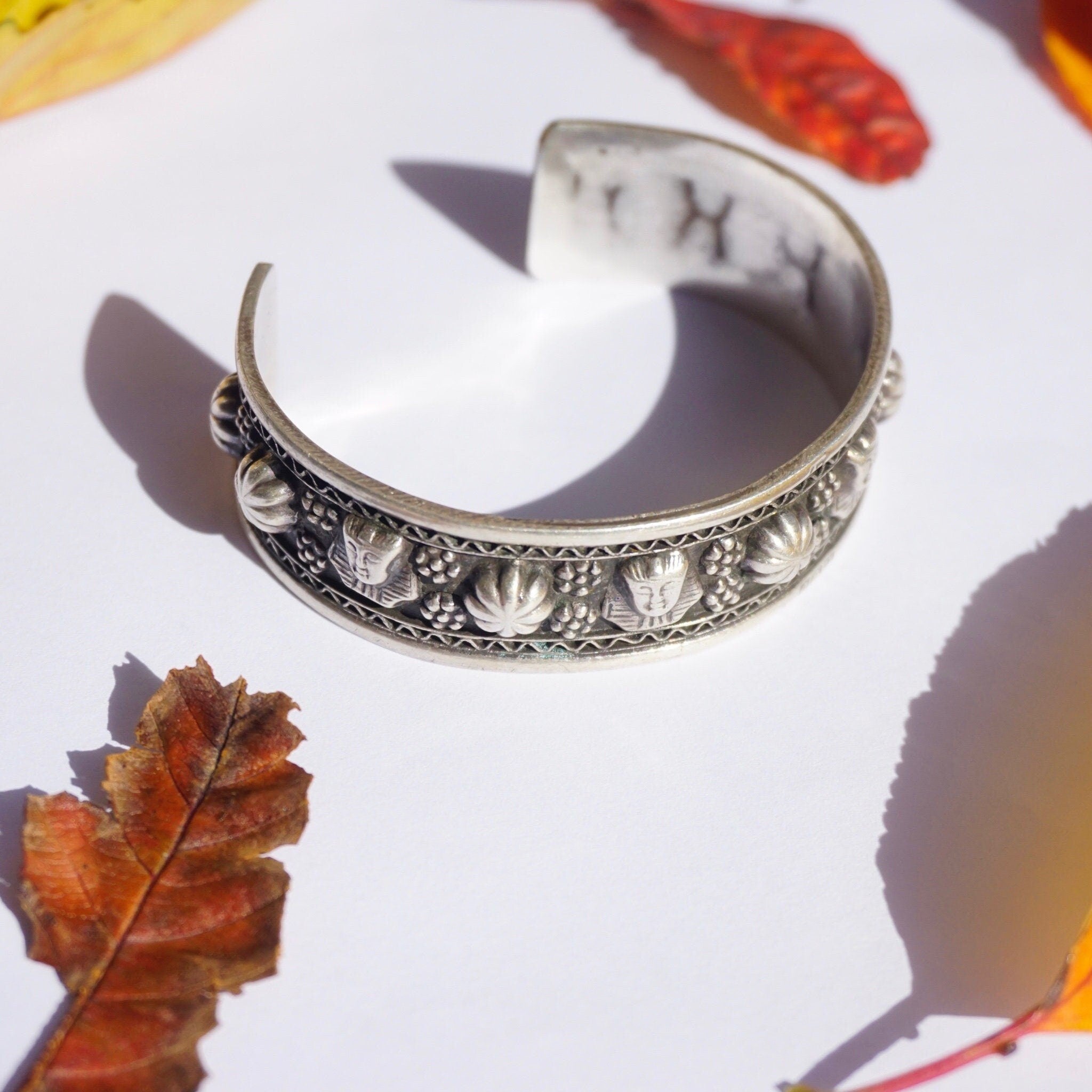 Vintage Egyptian Sterling Silver Bracelet Cuff, Engraved Silver Cuff With Egyptian Sphinx Faces and Flowers, Detailed Silver Bracelet Cuff