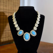 Vintage TAXCO Floral Sterling Silver Turquoise Bib Necklace, 3-Stone Pendant, Dyed Blue Turquoise Cabochons, Solid 925 Silver Links, 16" L