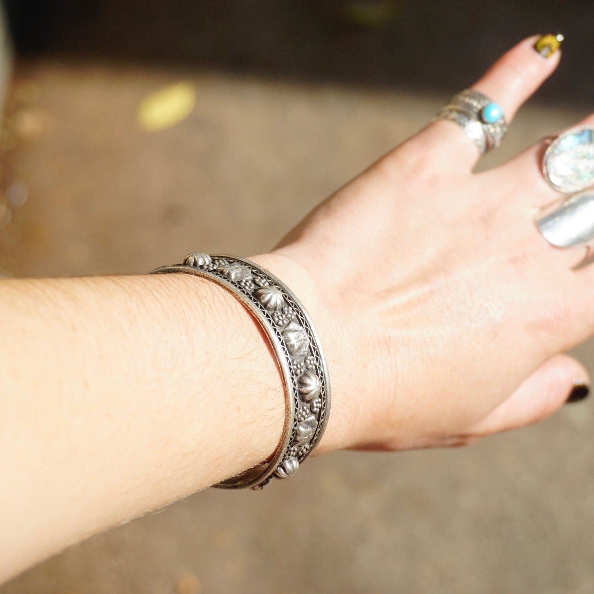 Vintage Egyptian Sterling Silver Bracelet Cuff, Engraved Silver Cuff With Egyptian Sphinx Faces and Flowers, Detailed Silver Bracelet Cuff