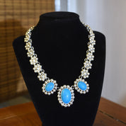 Vintage TAXCO Floral Sterling Silver Turquoise Bib Necklace, 3-Stone Pendant, Dyed Blue Turquoise Cabochons, Solid 925 Silver Links, 16" L