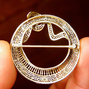 Antique Art Deco 14K White Gold Diamond Filigree Wreath Brooch, .35 TCW, Open Circle Ribbon Bow Pin With 8 OEC Diamonds, 1 1/2" Diameter