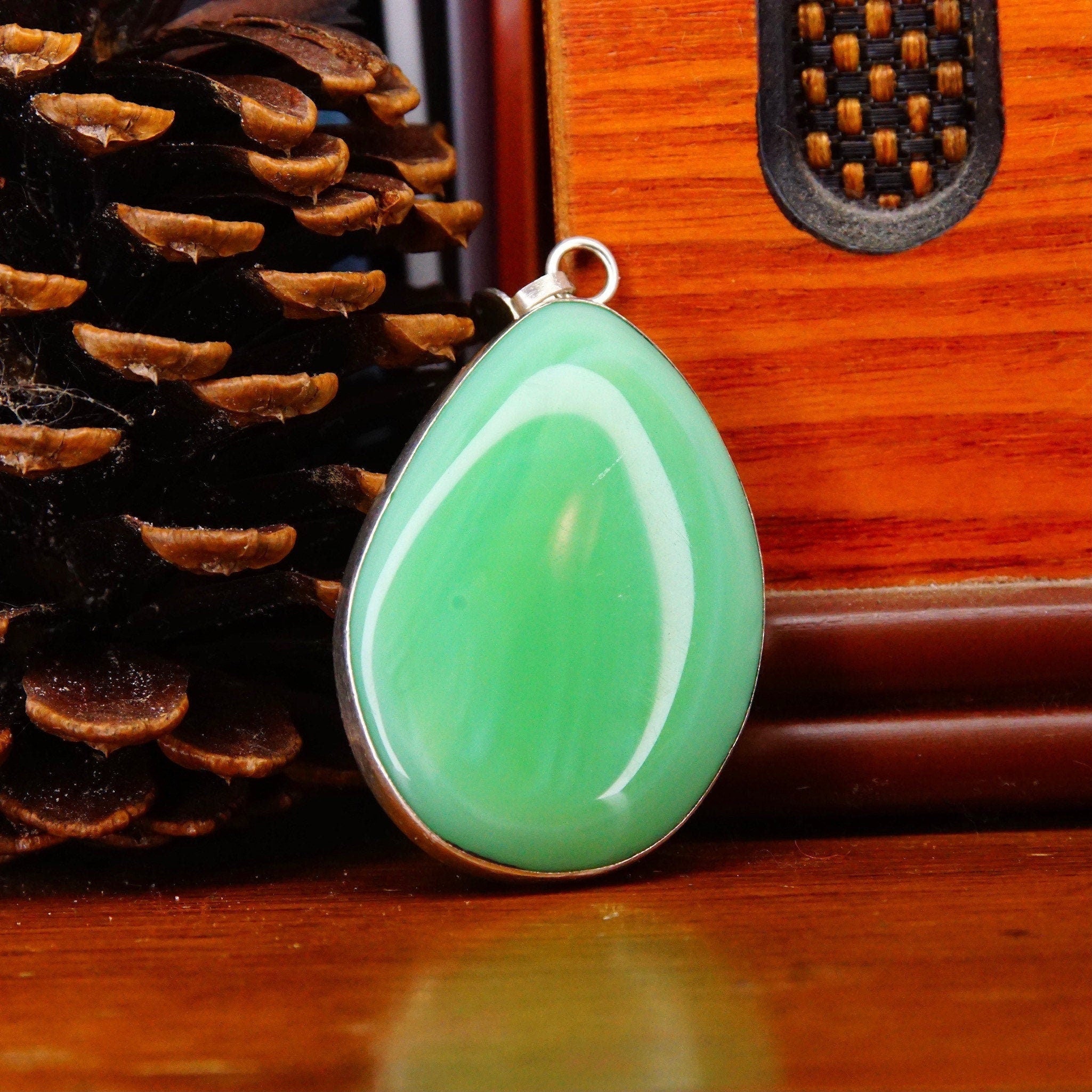 Vintage Silver Aventurine Teardrop Necklace Pendant, Large Semi-Translucent Green Gemstone, Minimalist Silver Open Back Setting, 2" L
