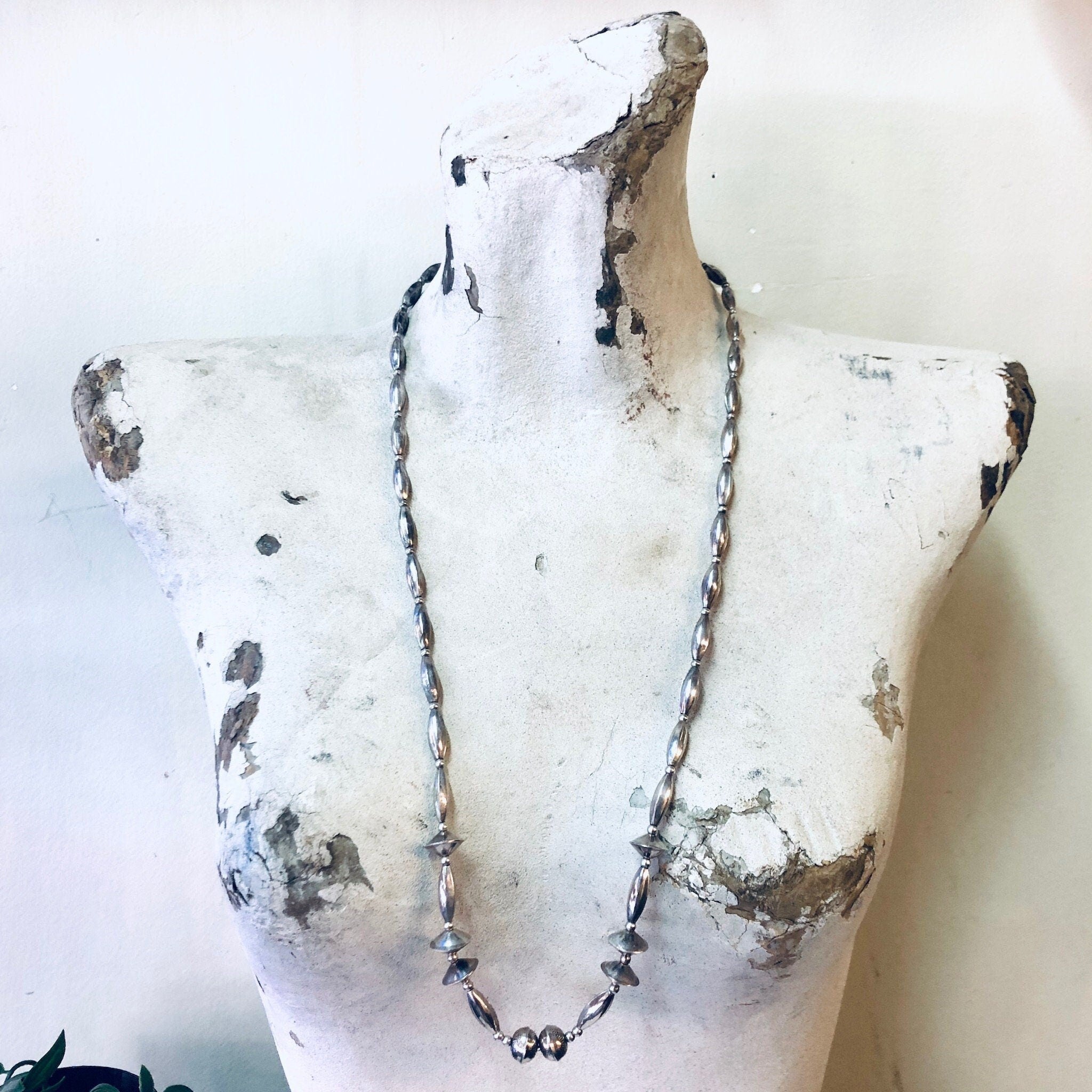 Vintage Necklace, Silver Necklace, Beaded Necklace, Silver Beads, Beaded Jewelry, Vintage Jewelry, Long Necklace, Stamped Silver, 925 Chain