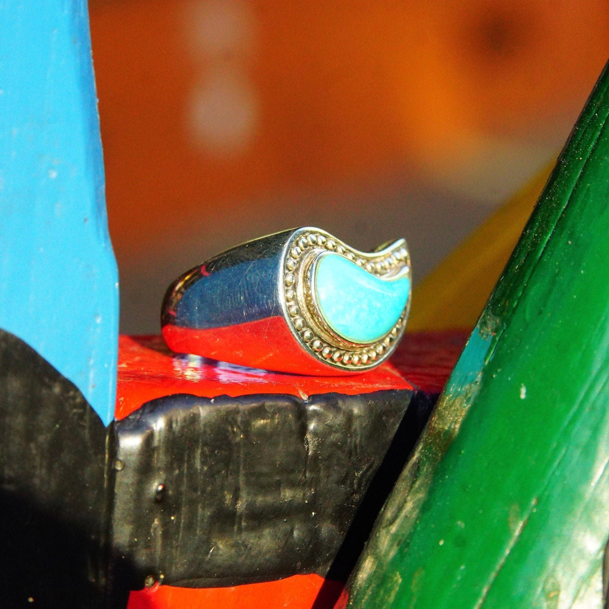 Vintage Sterling Silver Winged Turquoise Saddle Ring, Chunky Gemstone Ring With Silver Bead Embellishments, Thailand SX925, Size 8 1/2 US