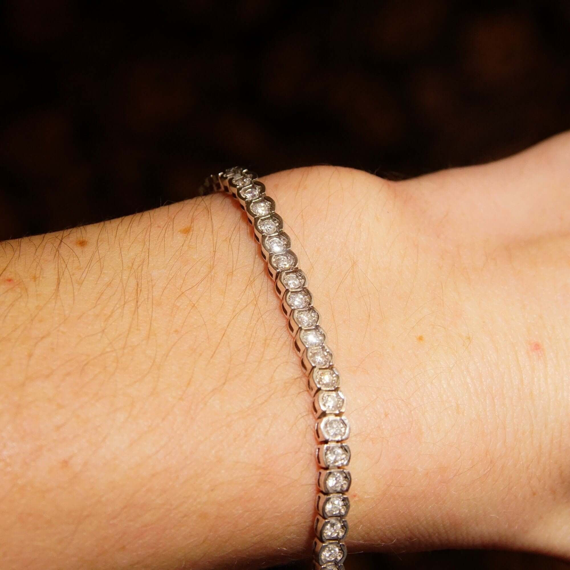 Half Bezel Diamond Tennis Bracelet In 14K White Gold, 3.60 TCW Brilliant Diamond Link Bracelet, Estate Jewelry, 7 1/4" - Good's Vintage
