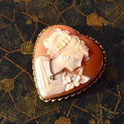 Italian 14K Diamond Necklace Heart Cameo Brooch Pendant, Vintage Giovanni APA Hand-Carved Shell Cameo In 585 Gold - Good's Vintage