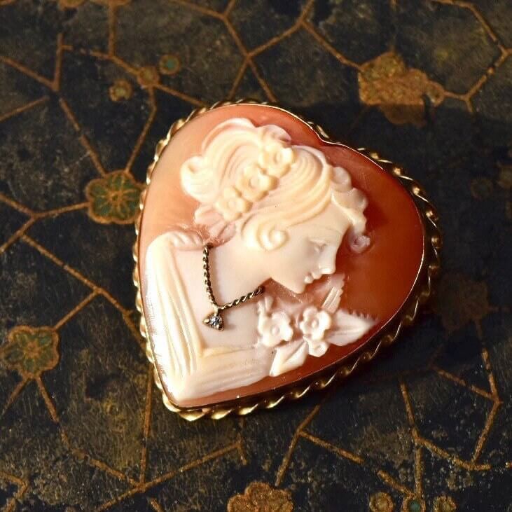 Italian 14K Diamond Necklace Heart Cameo Brooch Pendant, Vintage Giovanni APA Hand-Carved Shell Cameo In 585 Gold - Good's Vintage