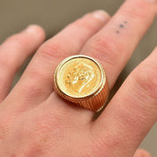 1900 Russian Coin Ring In Solid 14K Yellow Gold, Czar Nicholas II .900 Gold Rouble, Ridged Setting, Size 8 1/2 US