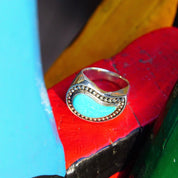 Vintage Sterling Silver Winged Turquoise Saddle Ring, Chunky Gemstone Ring With Silver Bead Embellishments, Thailand SX925, Size 8 1/2 US