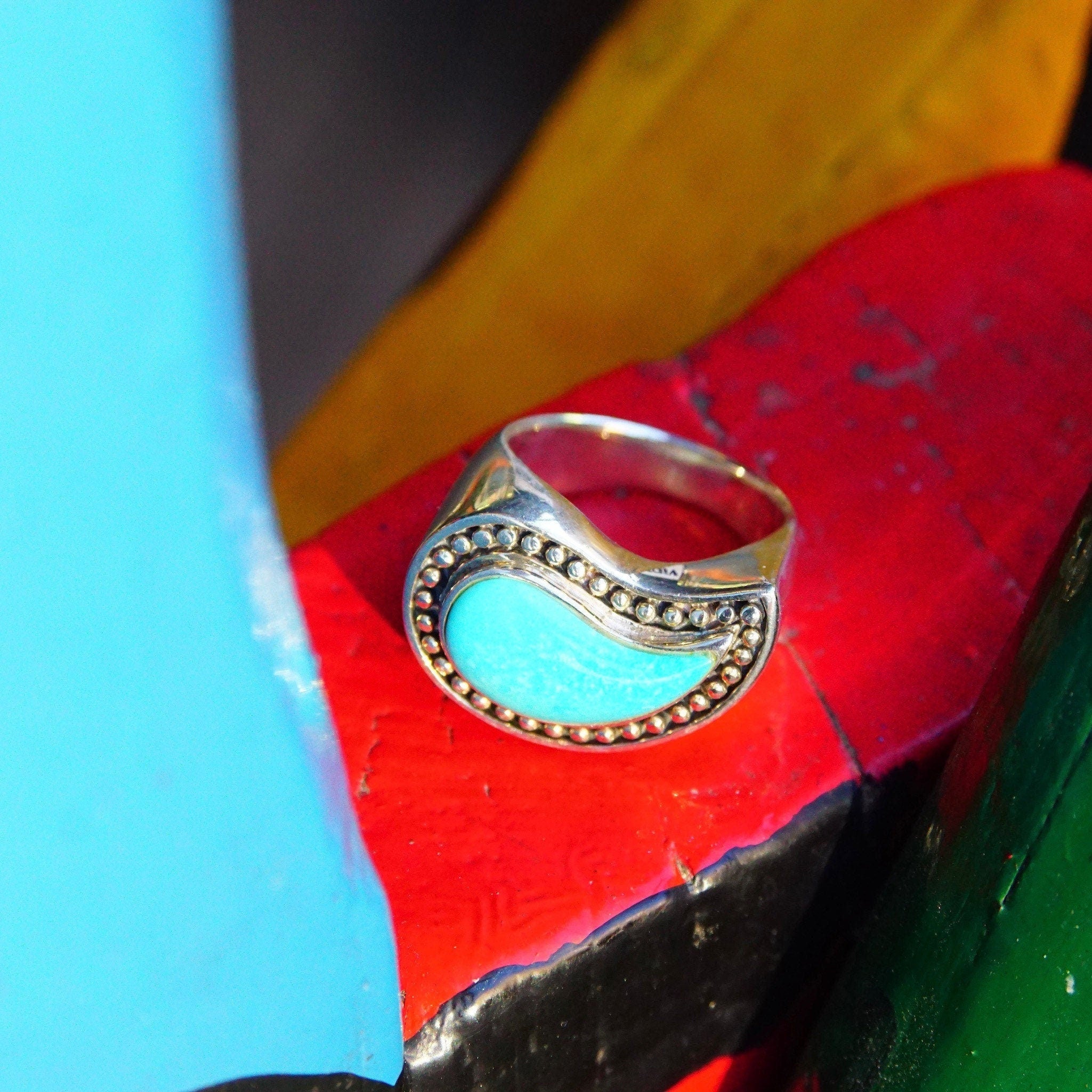 Vintage Sterling Silver Winged Turquoise Saddle Ring, Chunky Gemstone Ring With Silver Bead Embellishments, Thailand SX925, Size 8 1/2 US