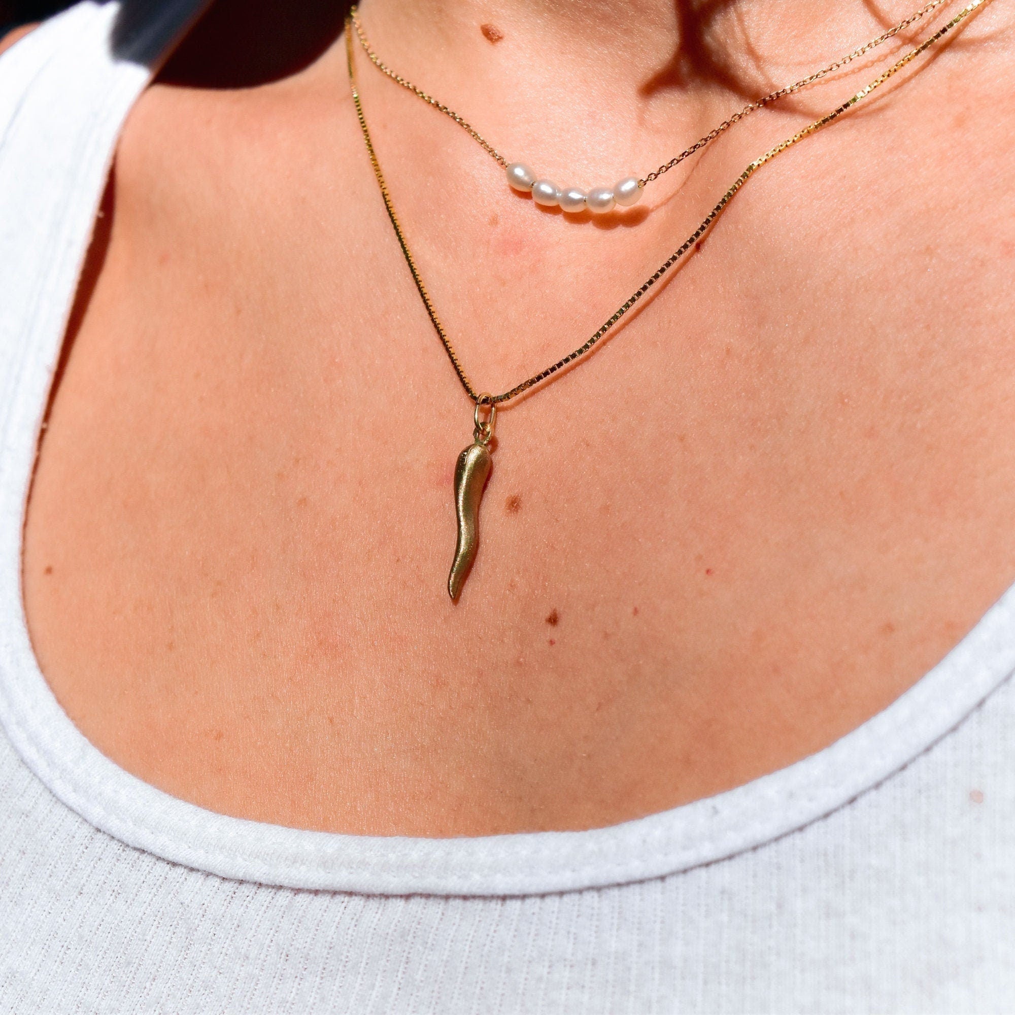 14K Italian Horn Charm In Brushed Yellow Gold, Cute Mini Puffed Cornicello Pendant, Vintage Good Luck Charm, 26mm