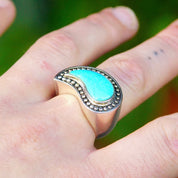 Vintage Sterling Silver Winged Turquoise Saddle Ring, Chunky Gemstone Ring With Silver Bead Embellishments, Thailand SX925, Size 8 1/2 US