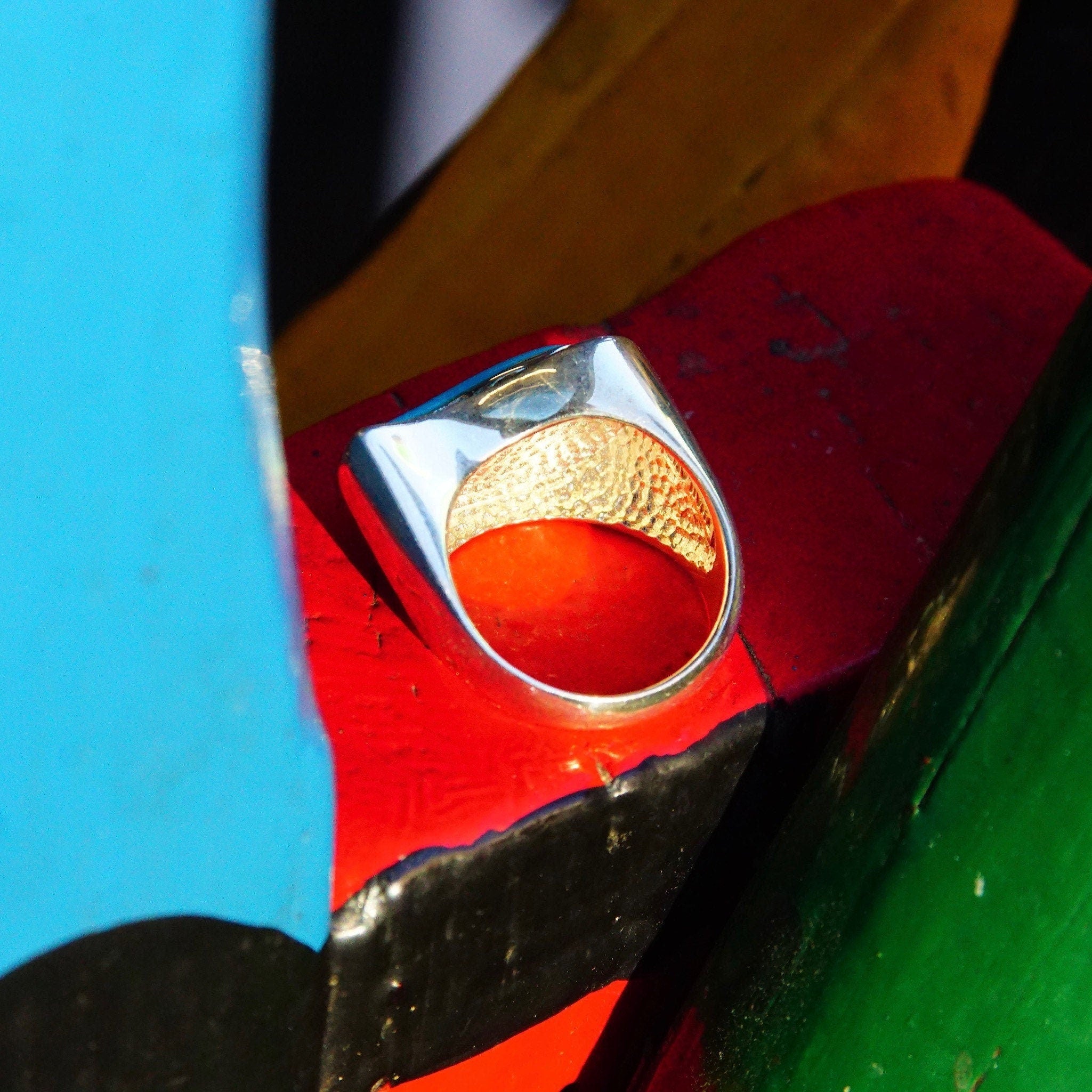 Vintage Sterling Silver Winged Turquoise Saddle Ring, Chunky Gemstone Ring With Silver Bead Embellishments, Thailand SX925, Size 8 1/2 US