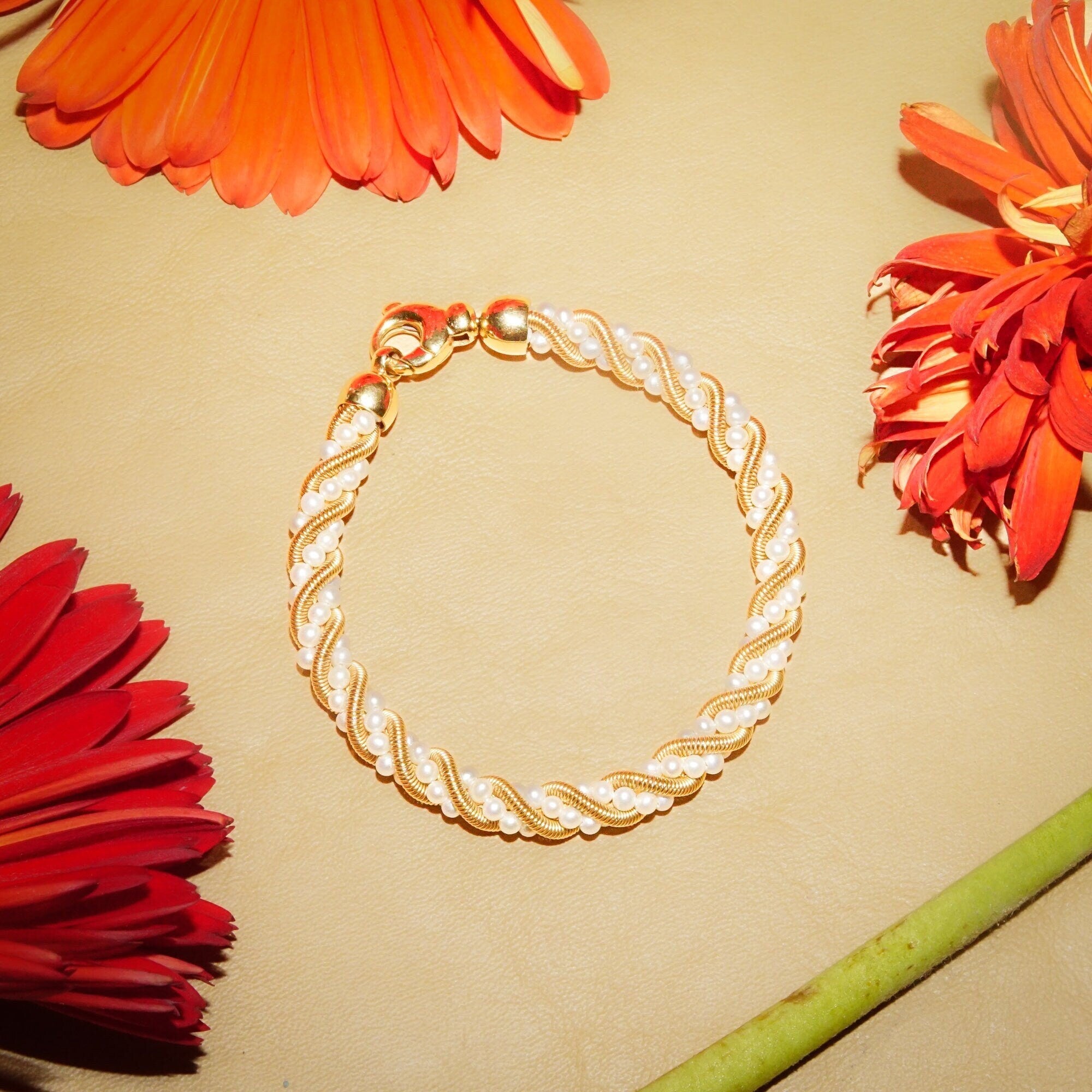14K Seed Pearl Twisted Rope Chain Bracelet, Yellow Gold Coil & Pearl Link Bracelet, Tiffany Style Jewelry, 7 1/2" L