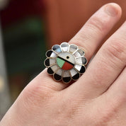 Signed Zuni Sun God Ring, Silver, Multi-Stone Inlay, Silver, Mother of Pearl, Jet, Coral, Turquoise, Size 5 1/4 US - Good's Vintage