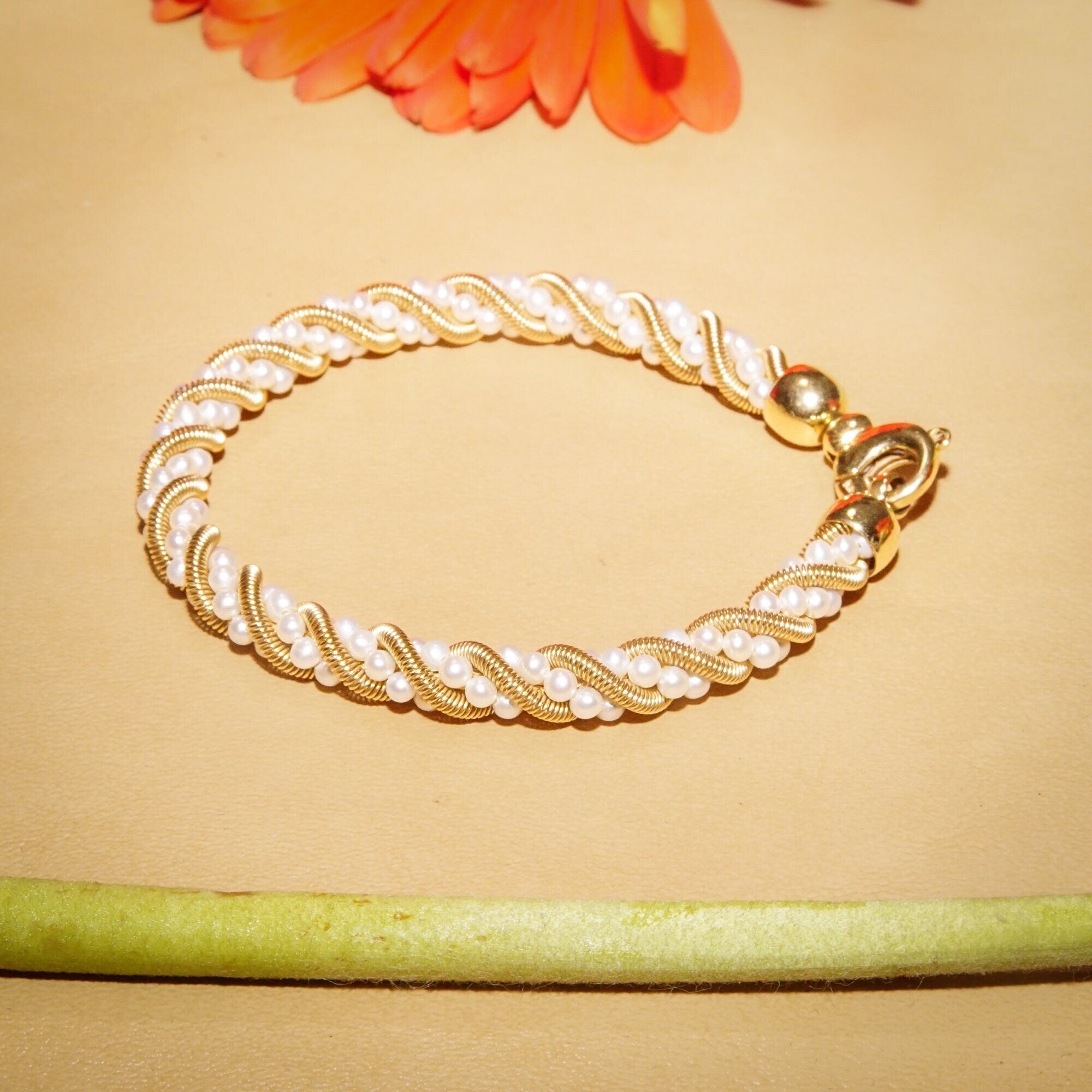 14K Seed Pearl Twisted Rope Chain Bracelet, Yellow Gold Coil & Pearl Link Bracelet, Tiffany Style Jewelry, 7 1/2" L