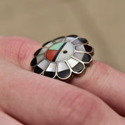 Signed Zuni Sun God Ring, Silver, Multi-Stone Inlay, Silver, Mother of Pearl, Jet, Coral, Turquoise, Size 5 1/4 US - Good's Vintage