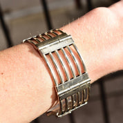 Modernist Sterling Silver Gate Link Bracelet, Wide Chunky 925 Cutout Panel Cuff, Taxco Jewelry, 7 3/4" L