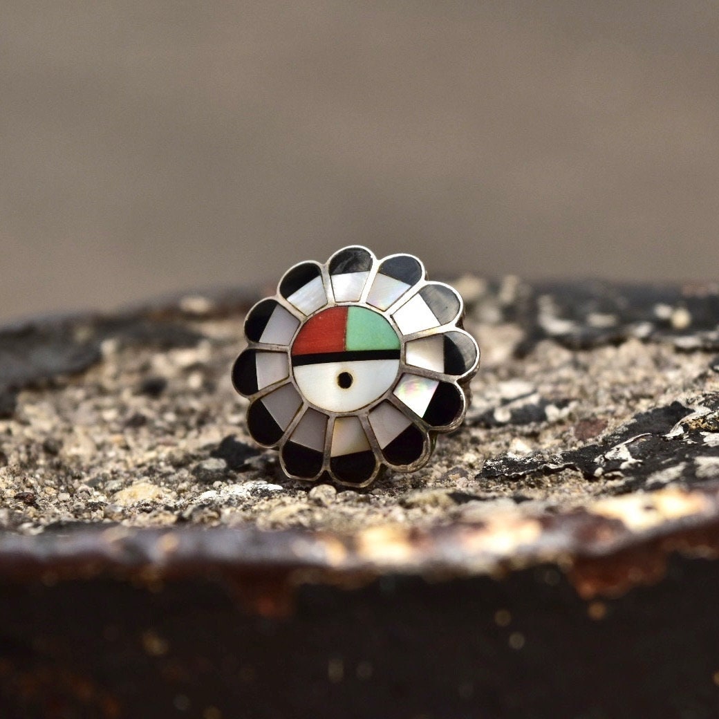 Signed Zuni Sun God Ring, Silver, Multi-Stone Inlay, Silver, Mother of Pearl, Jet, Coral, Turquoise, Size 5 1/4 US - Good's Vintage