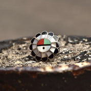 Signed Zuni Sun God Ring, Silver, Multi-Stone Inlay, Silver, Mother of Pearl, Jet, Coral, Turquoise, Size 5 1/4 US - Good's Vintage