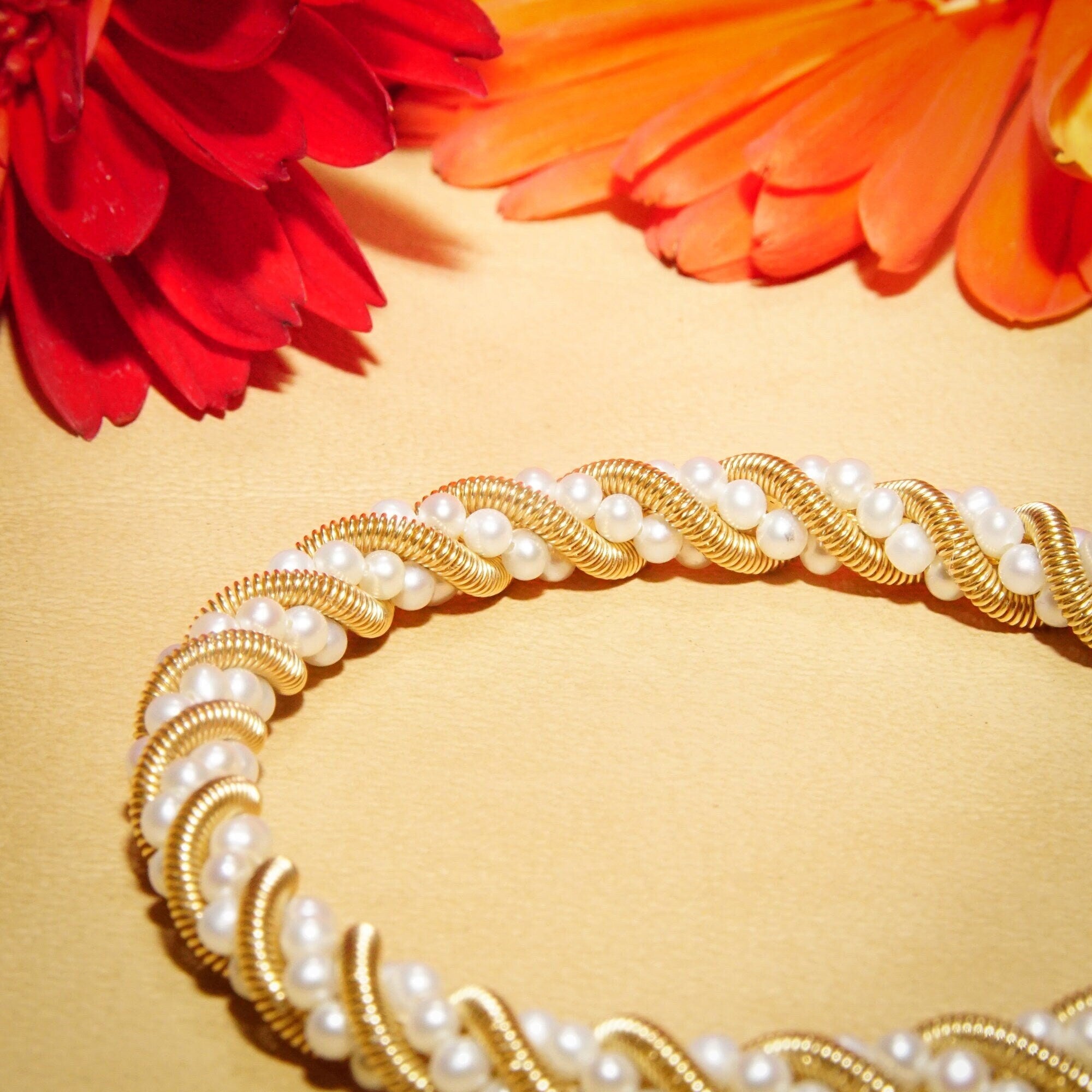 14K Seed Pearl Twisted Rope Chain Bracelet, Yellow Gold Coil & Pearl Link Bracelet, Tiffany Style Jewelry, 7 1/2" L