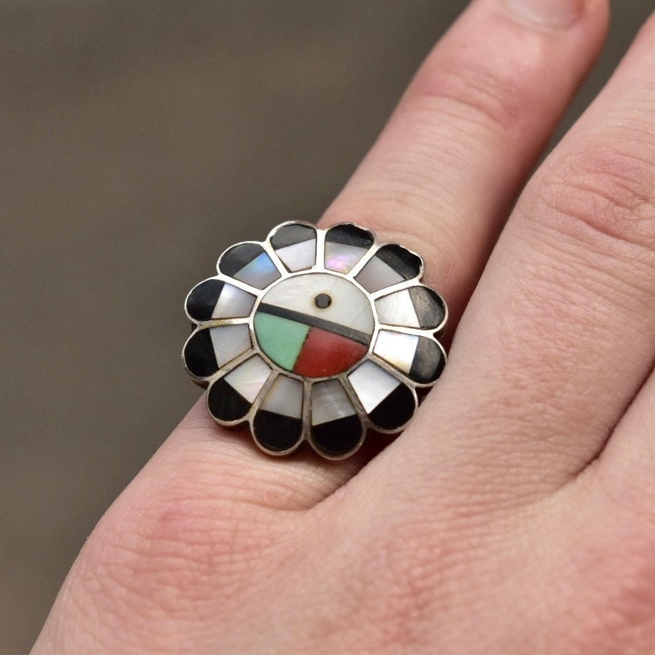 Signed Zuni Sun God Ring, Silver, Multi-Stone Inlay, Silver, Mother of Pearl, Jet, Coral, Turquoise, Size 5 1/4 US - Good's Vintage