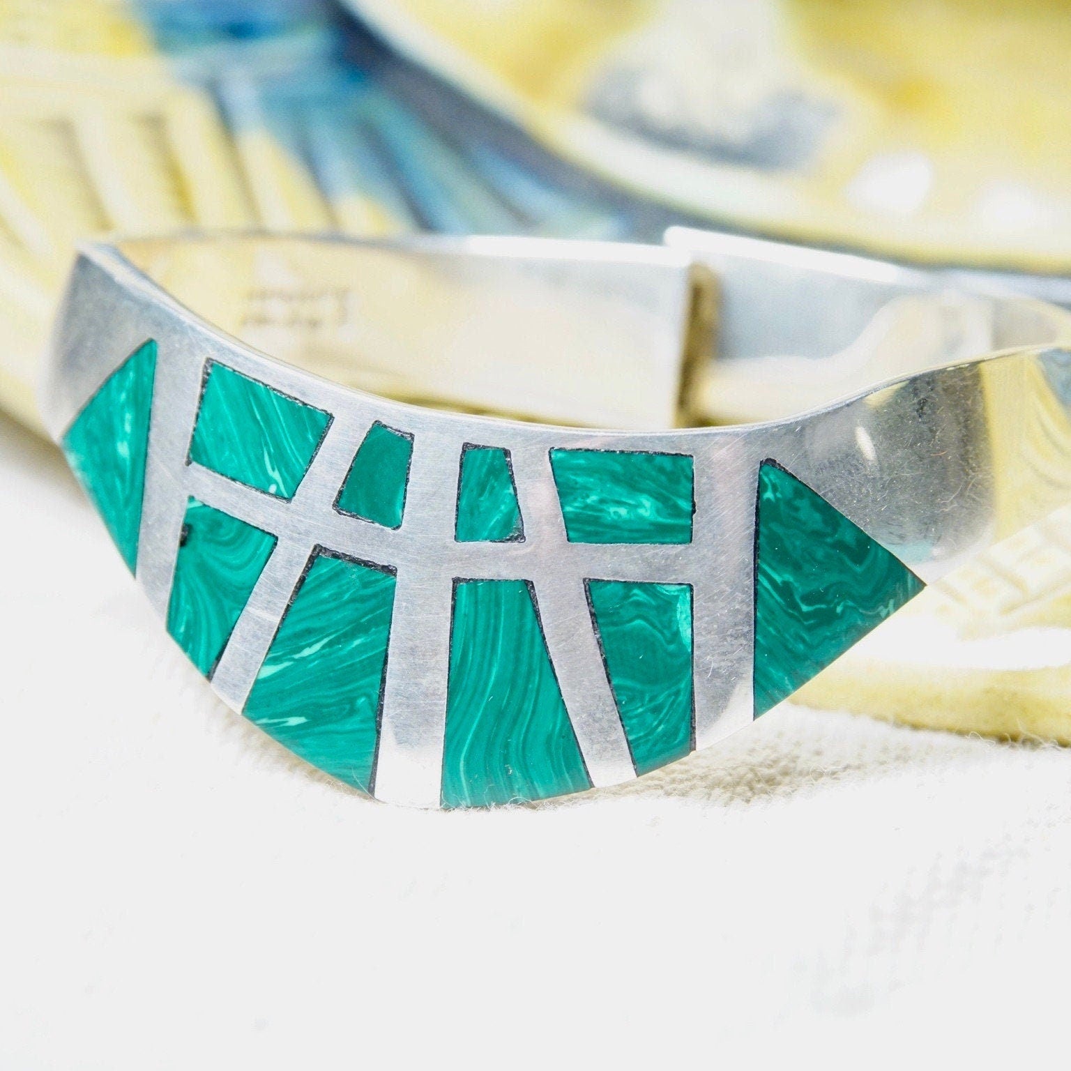 Modernist TAXCO Sterling Silver Malachite Cuff Bracelet, Geometric Inlay, Hinged Closed Cuff Bangle, 6 3/4"